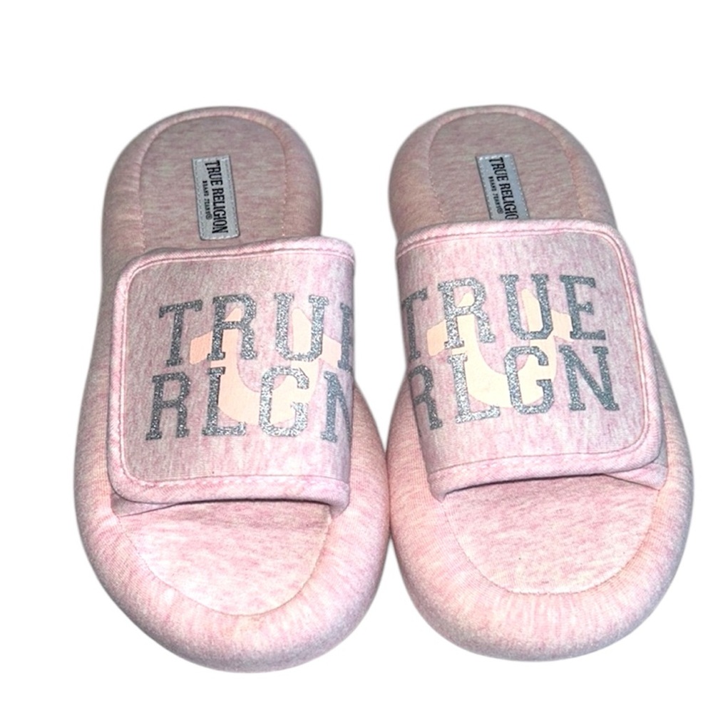 True Religion Pink And Gray Horseshoe Adjustable Strap Slide On Slippers - Picture 2 of 12